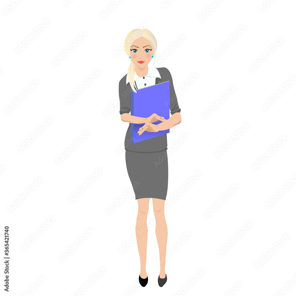 Young blonde in a strict suit holds documents Young blonde in a strict suit holds documents