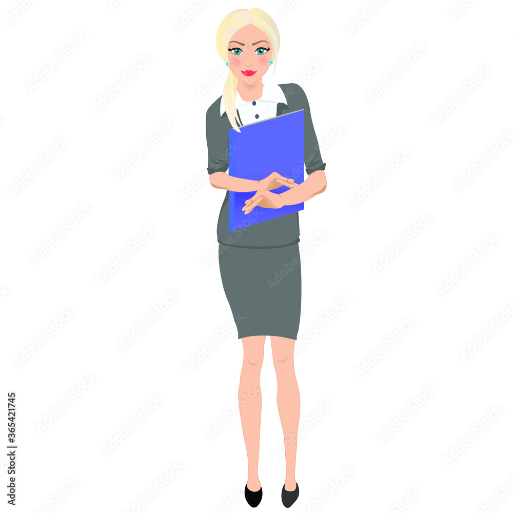 Young blonde in a strict suit holds documents Young blonde in a strict suit holds documents