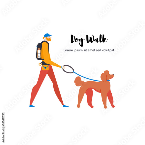 Сartoon style icons of royal poodle and personal dog-walker. Guy with pet outdoors.