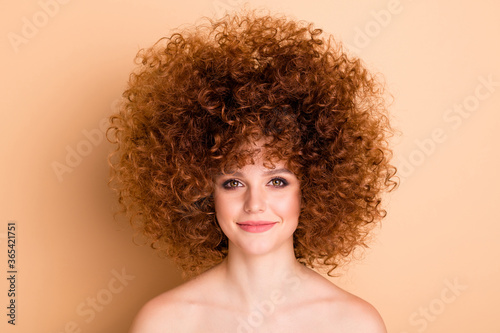 Close up photo beautiful amazing she her no clothes lady curls fashion star just finished salon procedure stylist perming roller hair curlers naturally ideal skin body isolated beige pastel background
