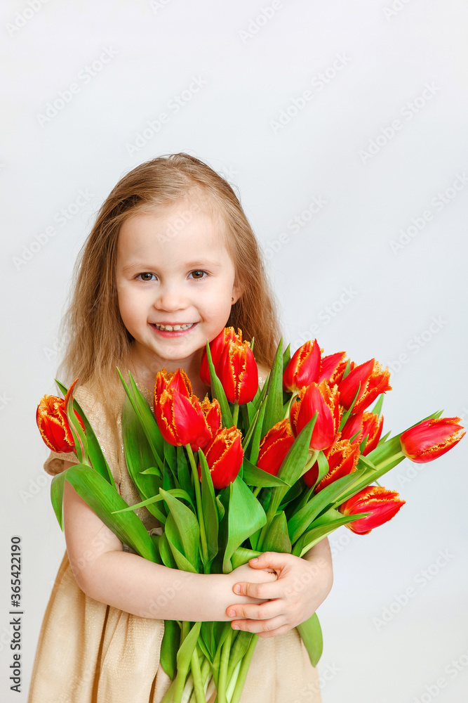 Little beautiful girl blonde with a bouquet of tulips on a light background. Baby girl smiling. Spring and women's day concept. Little girl holding a bouquet of red tulips. Little beautiful girl blonde with a bouquet of tulips on a light background. Baby girl smiling. Spring and women's day concept. Little girl holding a bouquet of red tulips.