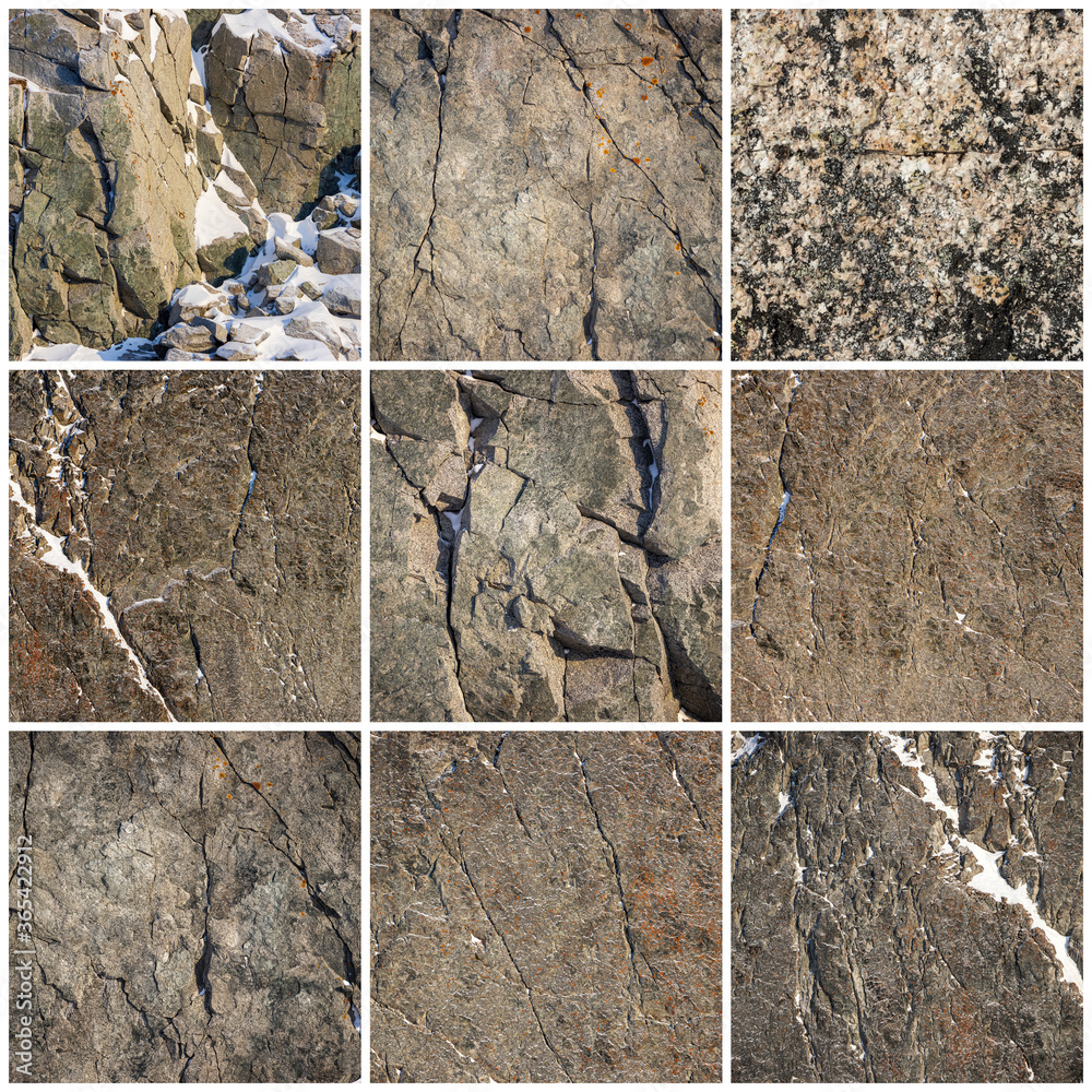 Rock texture set. Collection of natural stone backgrounds. Snow and ...