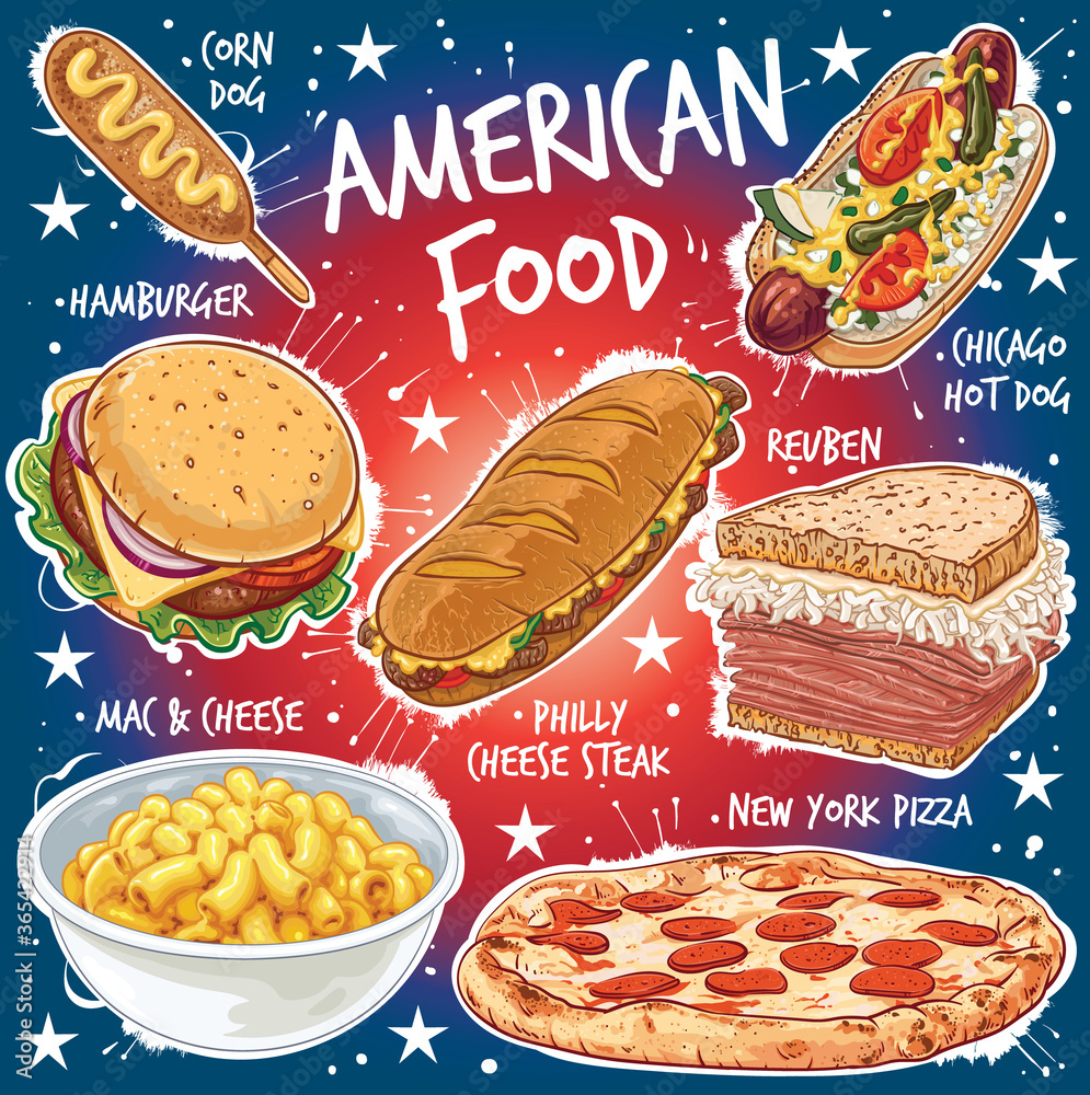 Hand drawn vector illustration set of popular American food varieties.  Stock Vector