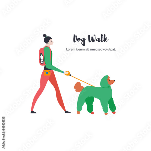 Сartoon style icons of royal poodle and personal dog-walker. Cute girl with a pet outdoors.