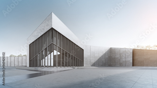 Empty concrete floor and gray wall. 3d rendering of modern building with clear sky background.
