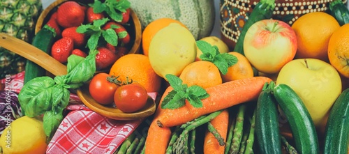 closeup of a rustic composition of fruit and vegetables