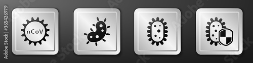 Set Corona virus 2019-nCoV, Virus, Virus and Shield protecting from virus icon. Silver square button. Vector.