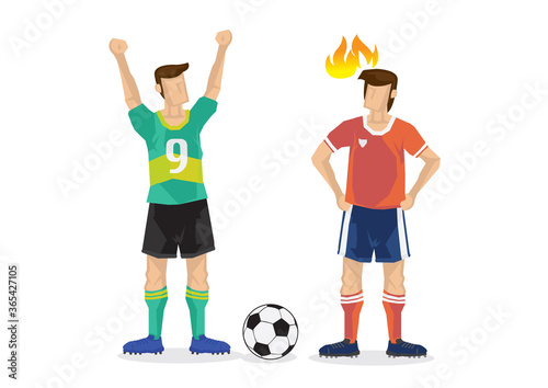 Soccer professional player win a goal with his angry opponent at his side.