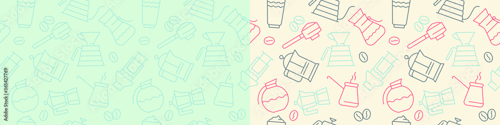 Coffee background vector for creative label design, banner of farmers coffee shop. Specialty coffee ornament with vector illustrations in line style. Coffee seamless pattern on cream backdrop. Coffee background vector for creative label design, banner of farmers coffee shop. Specialty coffee ornament with vector illustrations in line style. Coffee seamless pattern on cream backdrop.