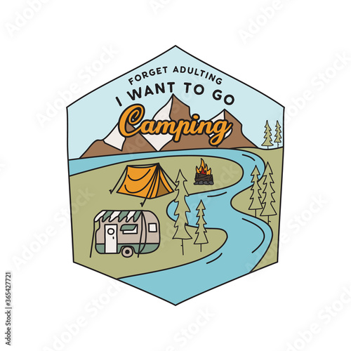 Vintage camping RV logo  adventure emblem illustration design. Outdoor road trip label with car  caravan and text - I Want to go camping. Unusual linear hipster style sticker. Stock vector.