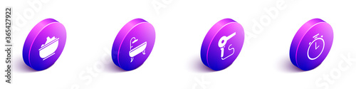 Set Isometric Sea salt in a bowl, Bathtub, Hair dryer and Stopwatch icon. Vector.