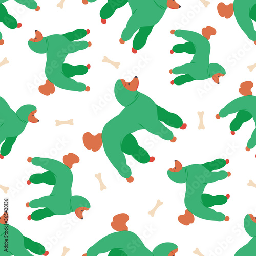 Seamless pattern with funny cartoon style icon of poodle. Simple background with cute family dog.
