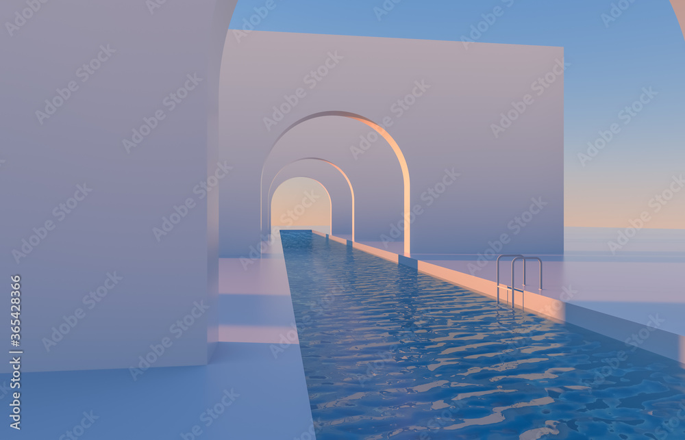 Abstract scene with geometrical forms, arch with swimming pool in natural day light. minimal 3d landscape background. 