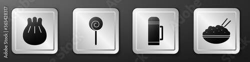 Set Khinkali on cutting board, Lollipop, Thermos container and Rice in a bowl with chopstick icon. Silver square button. Vector.