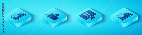 Set Isometric Fast delivery by car, Coffee cup to go, Fast delivery by car and Online ordering and delivery icon. Vector.