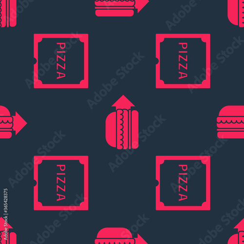 Set Pizza in cardboard box and Online ordering burger delivery on seamless pattern. Vector.