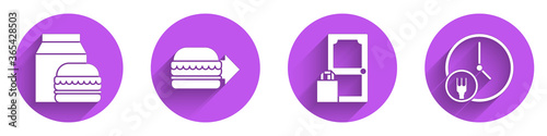 Set Online ordering and burger delivery, Online ordering burger delivery, Online ordering and delivery and Round the clock delivery icon with long shadow. Vector.