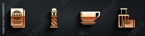 Set Passport, Lighthouse, Coffee cup and Suitcase icon with long shadow. Vector.