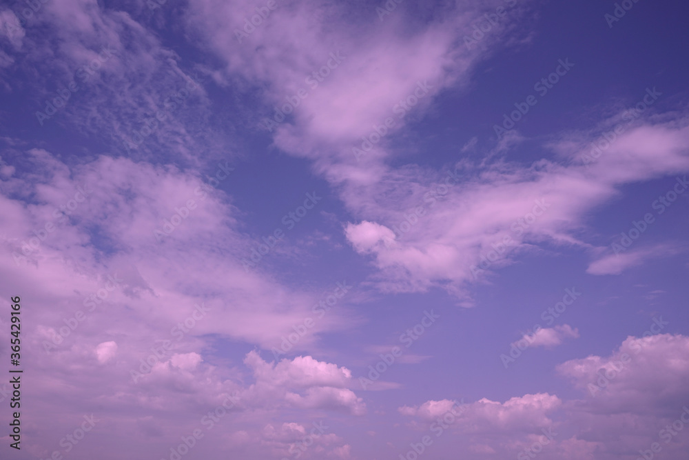 Pink sunset. Sky with clouds. Delicate purple sky background.