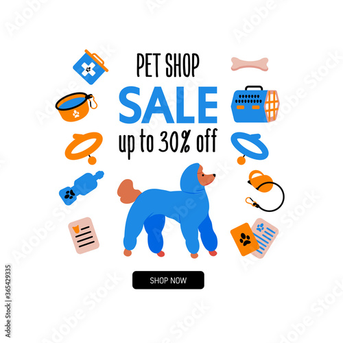 Cartoon style icons of a big royal poodle. Design template card or promotion banner for traveling with a dog. Text 