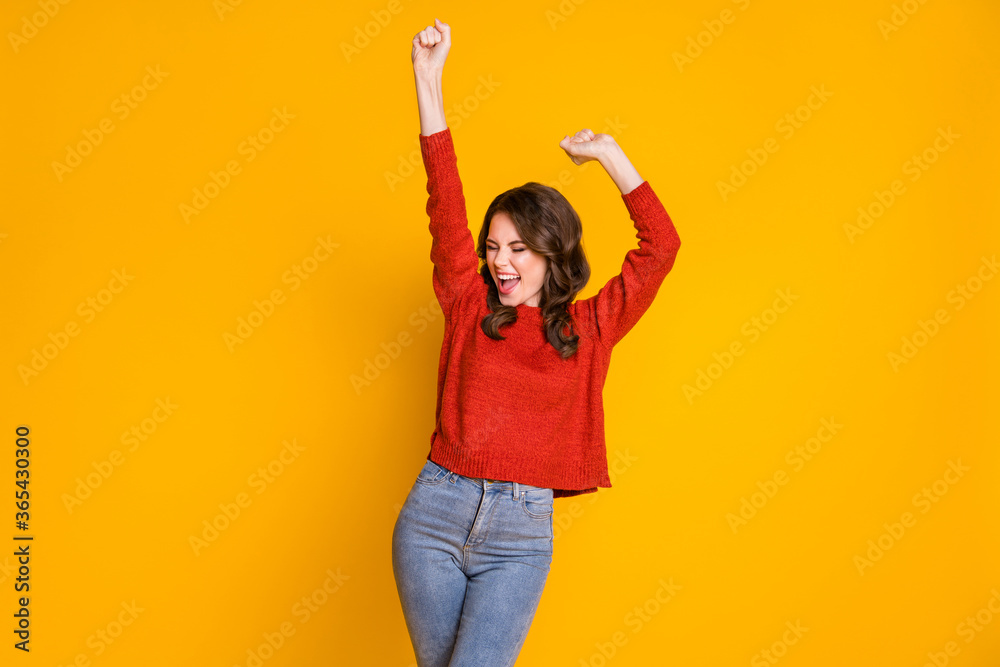 Portrait of delighted girl enjoy lottery win raise fists scream yeah wear good look sweater isolated over bright color background - obrazy, fototapety, plakaty 