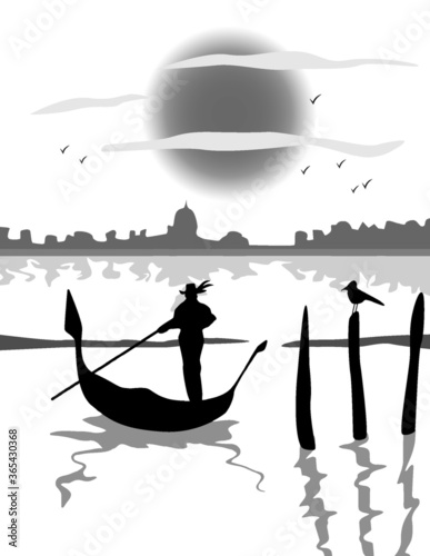 Venice gondola, gondolier rowing o sunset. Italian insular landmark cityscape. Vector Illustration.