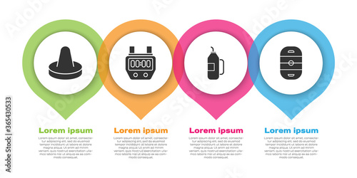 Set Mallet for playing air hockey, Stopwatch, Fitness shaker and Ice hockey rink. Business infographic template. Vector.