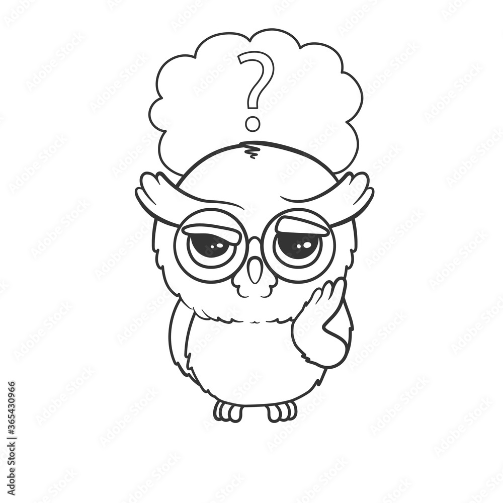 Cute cartoon owl with question mark in speech bubble isolated on white background. Thoughtful owlet. Vector illustration