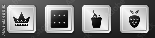 Set King playing card, Game dice, Champagne in an ice bucket and Casino slot machine with strawberry icon. Silver square button. Vector.