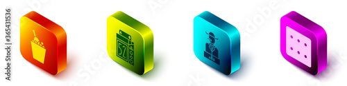 Set Isometric Champagne in an ice bucket, Deck of playing cards, Poker player and Game dice icon. Vector.