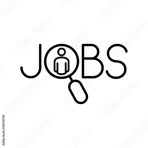 Concepto búsqueda de empleo. Icono plano lineal hombre en lupa con texto Jobs en color negro