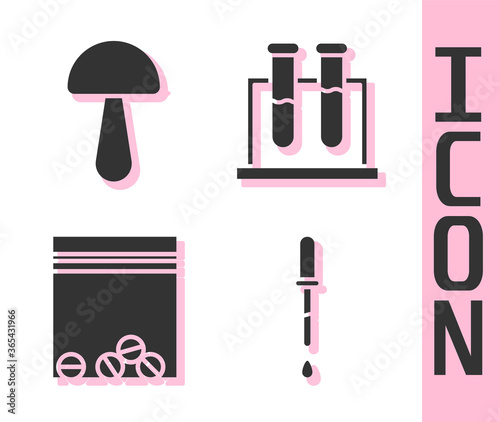 Set Pipette, Psilocybin mushroom, Plastic bag of drug and Test tube and flask icon. Vector.