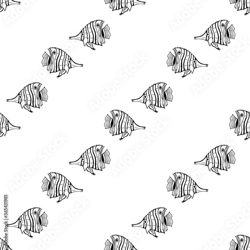 Seamless pattern with cute black-and-white sea fish on white background for fabric, textile, clothes, tablecloth and other things. Vector image.