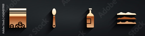 Set Plastic bag of drug, Heroin in a spoon, Alcohol drink bottle and Cocaine or heroin drug icon with long shadow. Vector.