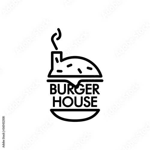 Concepto restaurante de comida rápida. Logotipo lineal con palabra Burger House en hamburguesa con chimenea en color negro