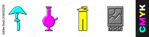 Set Psilocybin mushroom, Glass bong for smoking marijuana, Lighter and Open matchbox and matches icon. Vector.