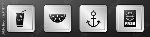 Set Cocktail and alcohol drink, Watermelon, Anchor and Passport icon. Silver square button. Vector.