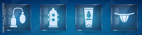 Set Penis pump, Condom, Personal lubricant and Woman panties. Square glass panels. Vector.