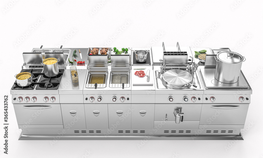 professional kitchen in modular steel with fresh food.