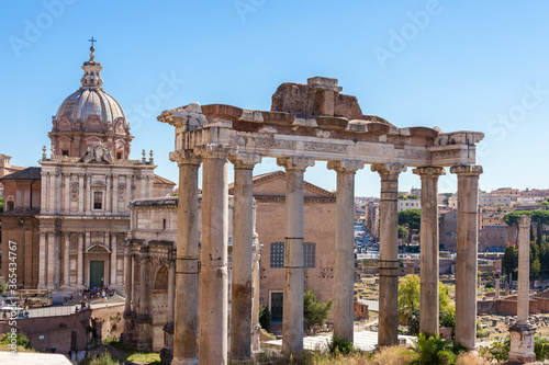 ROME, ITALY - 2014 AUGUST 18. Santi Luca e Martina, a catholic church at the Roman surrounded by the ruins in Rome.