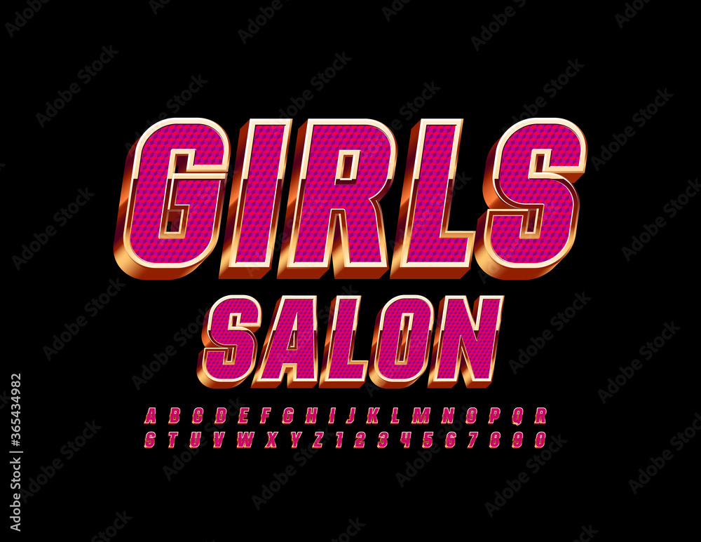 Vector glamour logo Girls Salon. 3D Pink and Gold Font. Luxury elegant Alphabet Letters and Numbers Vector glamour logo Girls Salon. 3D Pink and Gold Font. Luxury elegant Alphabet Letters and Numbers