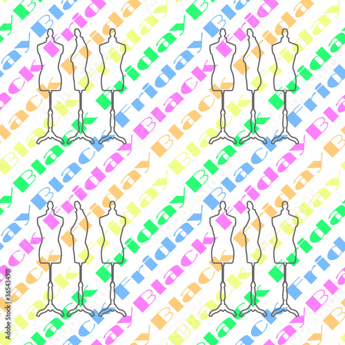Seamless pattern with the image of mannequins on a white background with the inscription" black Friday". Graphic color printing for textiles and fabrics, packaging paper, banners.