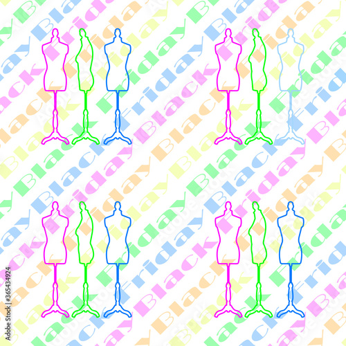 Seamless pattern with the image of mannequins on a white background with the inscription" black Friday". Graphic color printing for textiles and fabrics, packaging paper, banners.