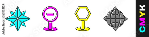 Set Wind rose, Stop sign, Road traffic sign and World globe with compass icon. Vector.