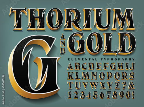 Thorium and Gold is an Ornate Elegant Alphabet with Flame-like Cutouts, 3d Effects and Metallic Gold Edges.