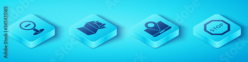 Set Isometric Stop sign, Folded map with push pin, Stop sign and Laptop with location marker icon. Vector.