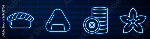 Set line Chinese Yuan currency, Sushi, Sushi, Lotus flower and Chinese drum. Glowing neon icon on brick wall. Vector.