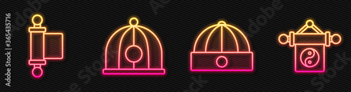 Set line Chinese hat, Decree, paper, parchment, scroll, Chinese hat and Yin Yang. Glowing neon icon. Vector.