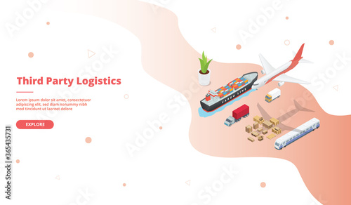 Third party logistics transportation service ship truck plane train campaign for web website home homepage landing template banner with isometric cartoon style.