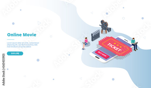 Online movie man woman sitting use laptop campaign for web website home homepage landing template banner with isometric cartoon style.